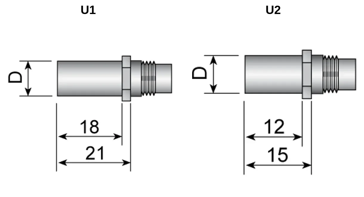 Desenho dimensional oficial FAR — U1: 18/21 mm; U2: 12/15 mm (Ø do bico varia conforme o código)