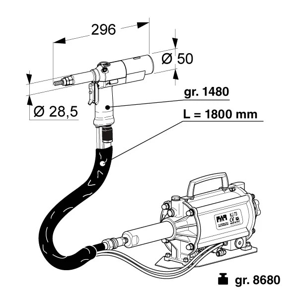 Desenho técnico cotado FAR KJ73: 296 mm, Ø50 mm, Ø28,5 mm, mangueira 1800 mm, gr.1480/8680