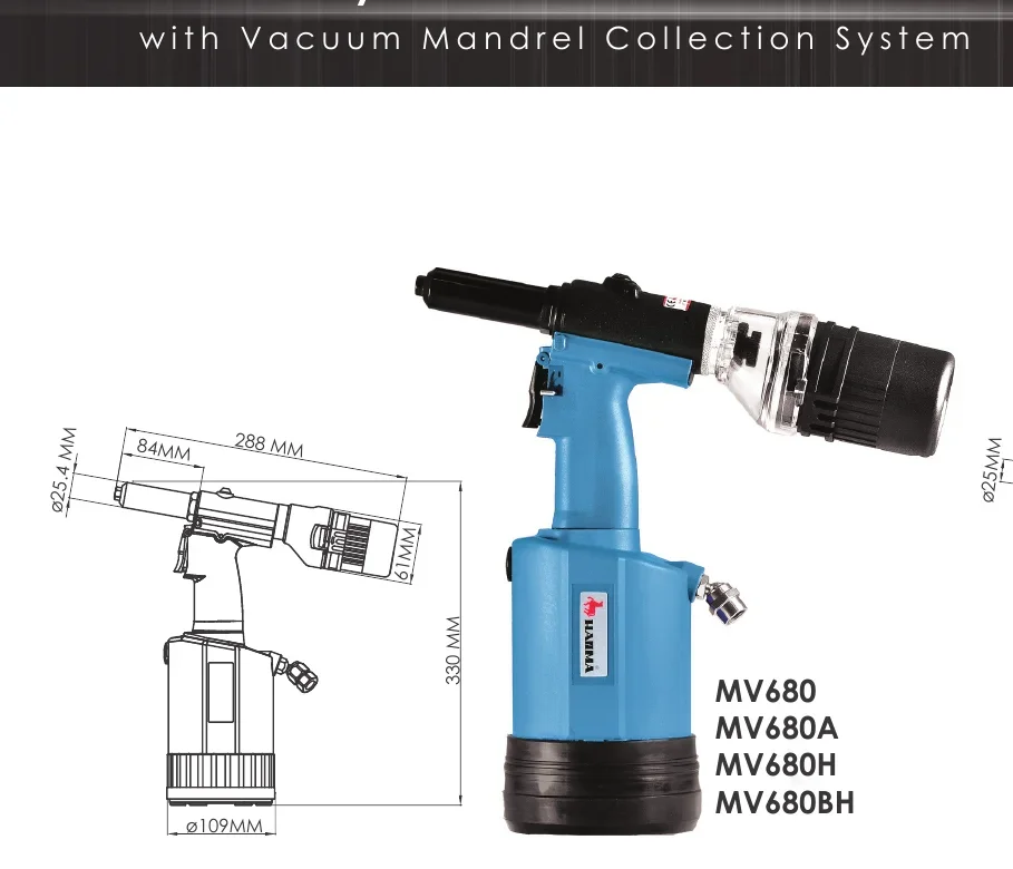 Rebitadeira HANMA MV-680H — desenho técnico e dimensões (catálogo HANMA)