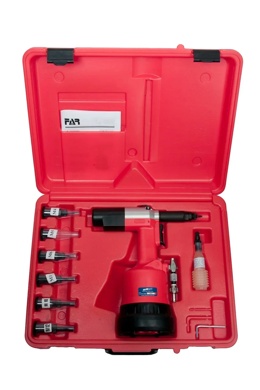Rebitadeira FAR OR-45/S — mala completa com bicos e hastes M4 a M12