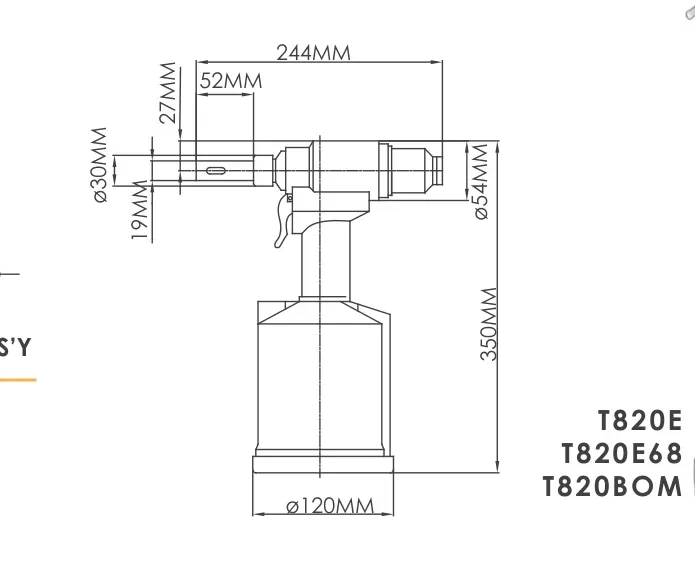 Rebitadeira HANMA T820E — desenho técnico e dimensões (catálogo HANMA)